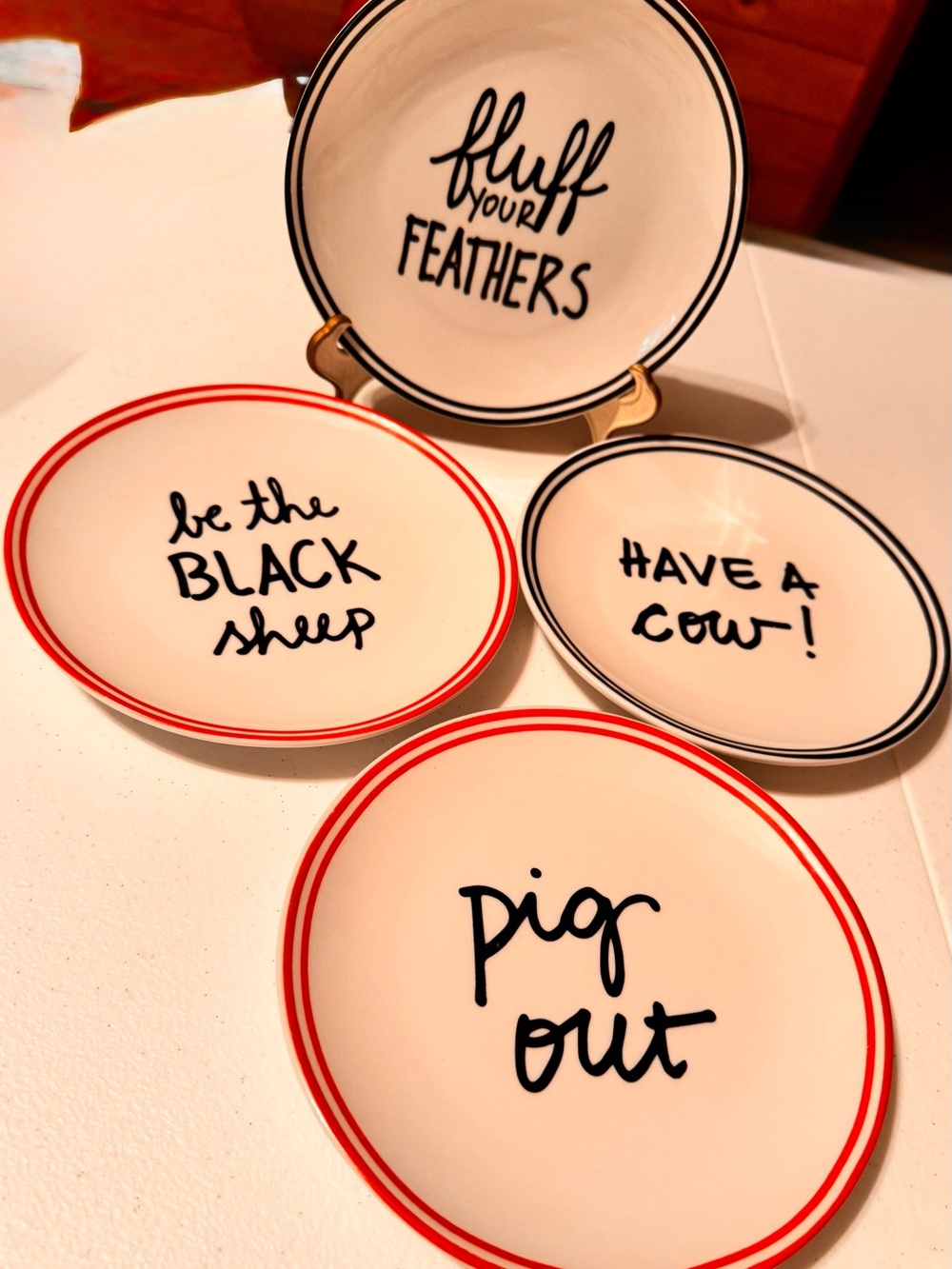 Handwritten Farmhouse Dinner Plates - White with Red & Black Trim